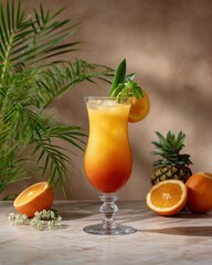 Tropical Cocktail: A vibrant cocktail, expertly crafted and artfully presented with slices of orange and pineapple, offering a taste of paradise and relaxation