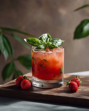 Refreshing Strawberry Cocktail: A vibrant cocktail featuring muddled strawberries, garnished with fresh basil, in a lowball glass set on a wooden board, complemented by whole strawberries.