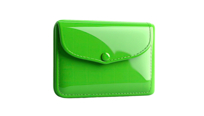 Shiny, lime green, compact wallet with a button closure and detailed stitching