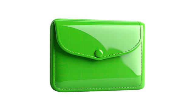 Shiny, lime green, compact wallet with a button closure and detailed stitching