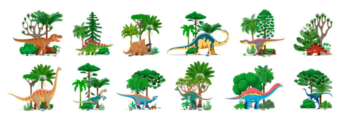 Prehistoric dinosaurs characters with jungle trees, cartoon set. Vector jurassic dinos personages of funny tyrannosaurus, triceratops and brachiosaurus. Extinct stegosaurus and tarbosaurus dinosaurs © Vector Tradition