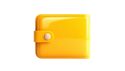 Glossy yellow rectangular wallet with a button closure, isolated on a black background