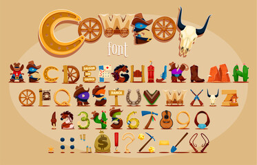 Cowboy font, Wild West typeface, Western type, sheriff english alphabet cartoon letters and numbers. Vector typography rodeo cowboy abc font with Wild West lasso, hat, horseshoe and saloon door