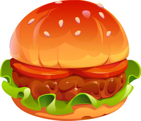 Cartoon fast food burger with sesame seed bun, crisp lettuce and thick juicy beef patty perfectly layered with fresh tomato slices. Isolated vector delicious American beefburger takeaway cafe meal