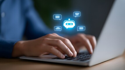 Hands typing on laptop with glowing chatbot AI icons above keyboard, futuristic artificial intelligence technology for online conversation and automation