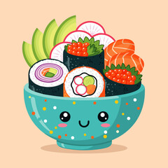 Delicious Cartoon Sushi Bowl Fresh ingredients and a cheerful design for food lovers