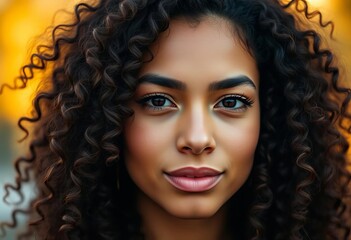 Fototapeta premium Close-up portrait, voluminous curly hair, natural light, warm tones, hair texture, photography