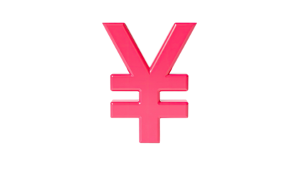 Pink, glossy yen symbol floats against a black backdrop, signifying currency