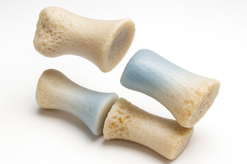 Close-up of four bone implants with blue and yellow coloration against a white background.