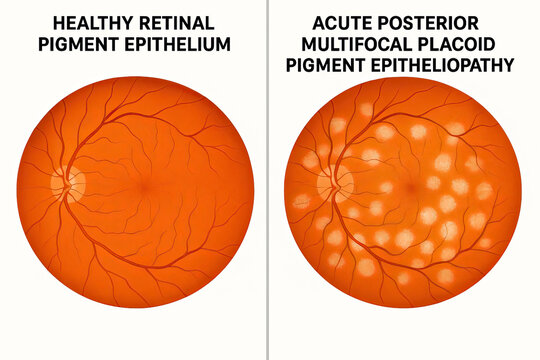 Comparison of healthy and diseased retinal pigment epithelium in the eye, illustrating acute multifocal placoid pigment epitheliopathy.