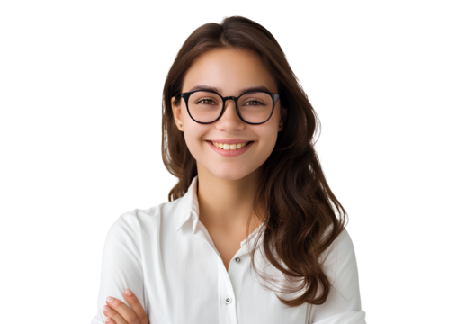a happy young woman in a white shirt and glasses, smiling at the camera, isolated on a transparent background.