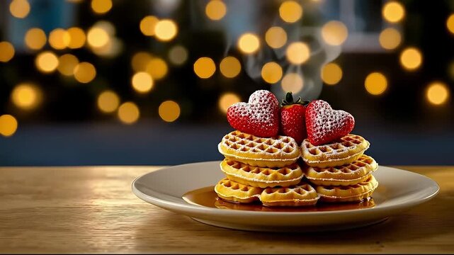 A stack of waffles with strawberries on top of them on a plate