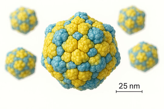 3D Render of a Scientific Illustration of a Virus Particle, Featuring a Detailed Icosahedral Capsid Composed of Yellow and Blue Subunits, with a Scale Bar Indicating 25 Nanometers.