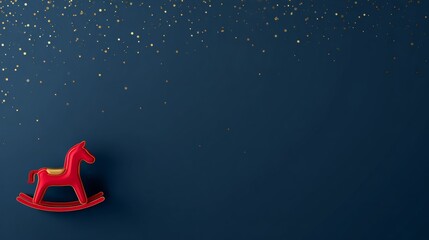 Red rocking horse decoration on dark blue background with golden sparkles for festive celebration