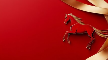 Red horse illustration with golden ribbon on vibrant background for Chinese New Year celebration