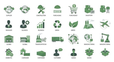 Illustrative icons representing global trade, logistics and manufacturing processes