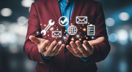 Modern Line Style Man Holding Management Icon Concept on Open Hands