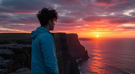Person watching sunset over ocean cliff