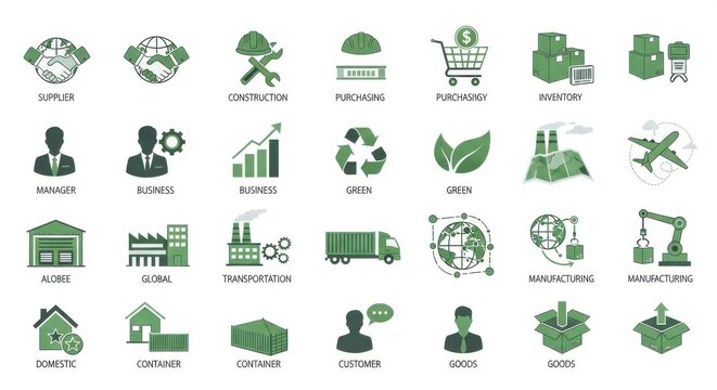 Illustrative icons representing global trade, logistics and manufacturing processes