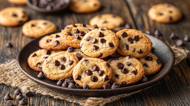 Warm Chocolate Chip Cookies on a Rustic Plate, Freshly Baked and Irresistibly Delicious Treat