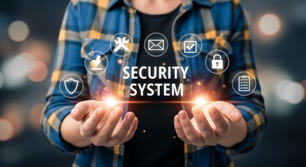 Conceptual Hands Holding Security System Technology with Floating Icons Protection