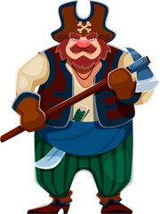 Fototapeta premium Cartoon pirate and corsair ship crew character holding an axe, exuding sense of adventure and bravery. Isolated vector boatswain, rover or sailor with captures spirit of adventurous pirate tales