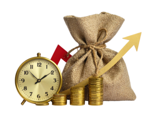 Money bag, coins, clock, and upward trend