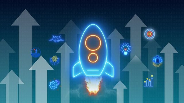 Animated neon rocket launching into binary code random background. Symbolizes startup launch, business success, innovation and future growth. Ideal for tech presentations or motivational content.