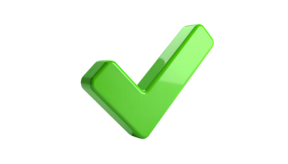 A shiny, three-dimensional, green checkmark floats against a black background