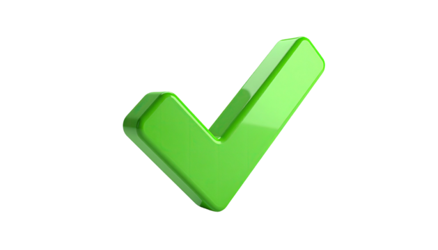 A shiny, three-dimensional, green checkmark floats against a black background
