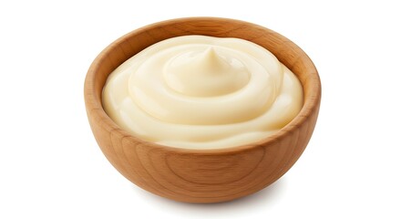 Creamy Mayonnaise Swirls in a Natural Wooden Bowl on White Background