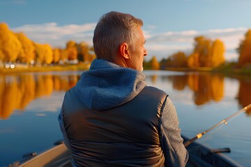 Middle-aged man fishing from a boat on a tranquil lake surrounded by vibrant autumn trees, reflecting golden hues on the water, enjoying a peaceful outdoor experience