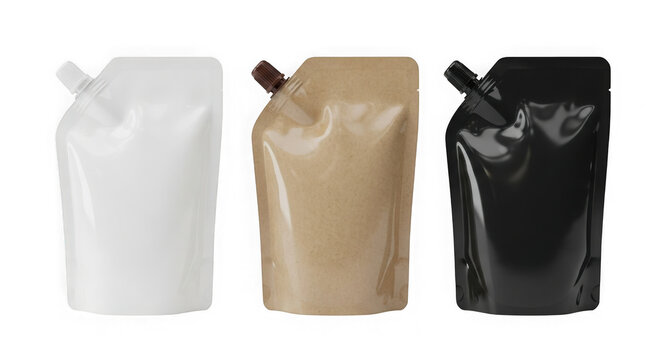 Three stand up pouches with spouts white gold black packaging design product mockup isolated on transparent background - Powered by Adobe