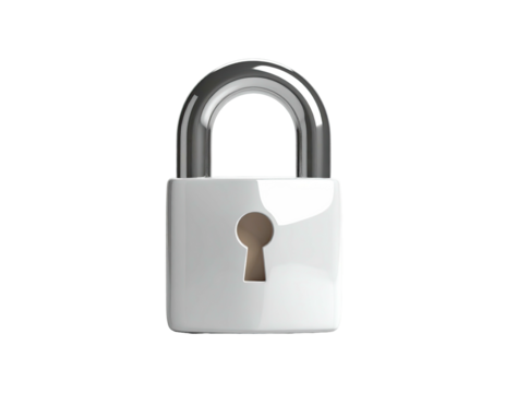 A shiny, glossy white padlock, silver shackle, keyhole center, set against black