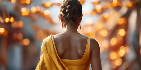 Obraz premium Back View of Beautiful Indian Girl in Saree During Festival Evening Celebration