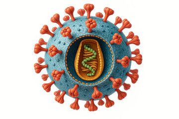 Microscopic view of a virus particle, showcasing its structure and genetic material, with a focus on scientific and medical illustration.