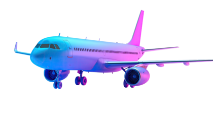 Sleek passenger jet bathed in vibrant blue and pink, set against stark black