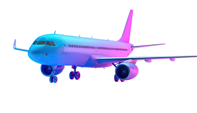 Sleek passenger jet bathed in vibrant blue and pink, set against stark black