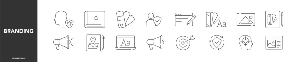 Branding icon set. Containing marketing. Product and brand value. Editable stroke. Vector illustration