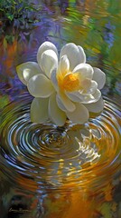 lotus flower floating on calm pond with soft ripples spreading outward
