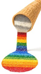ice cream cone dripping rainbow scoops onto textured white background