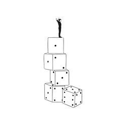 Surreal Illustration of a Happy Man Climbing a Tower of Dice – Symbolic Concept of Luck, Risk, and Achievement