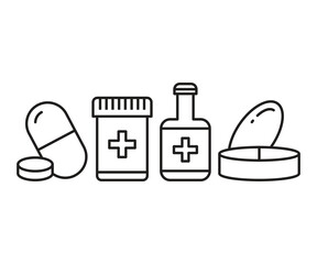 medicine pill and bottle icons set