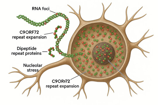Illustration of C9ORF72 repeat expansion in a neuron, leading to dipeptide repeat proteins and nucleolar stress.