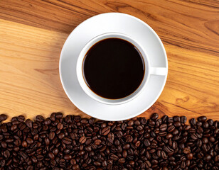 Fototapeta premium Aromatic dark roasted coffee beans and a steaming cup of black coffee on a wooden background, perfect for morning or break time