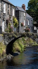 bridge arching over calm river with stone railings covered in worn patina