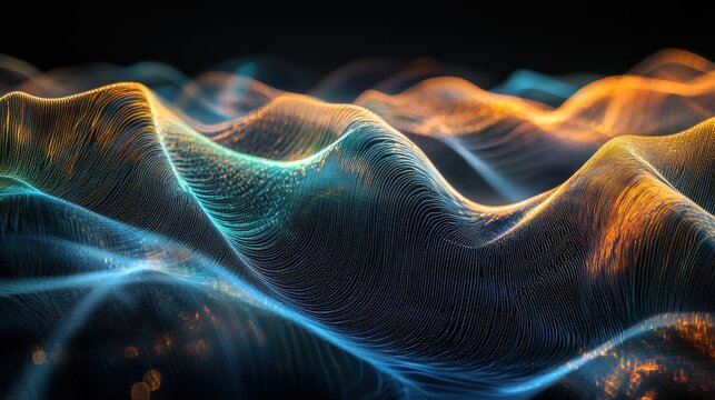 Light interference fringes creating dynamic wave patterns with golden amber and electric blue tones flowing through digital particle mesh landscape