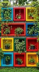 Obraz premium Vibrant Contemporary Wall Display with Potted Plant Arrangement in Colorful Cubes