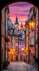 street lined with antique street lamps glowing warmly beneath faded sepia twilight