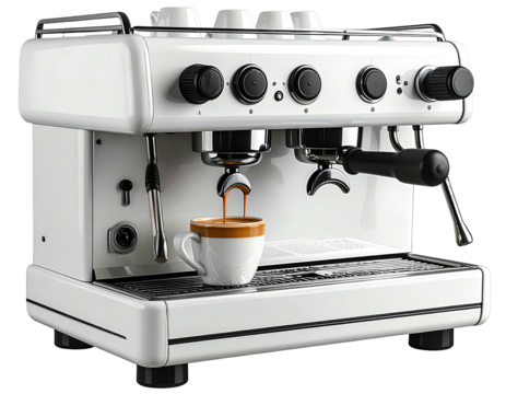 White coffee machine with coffee pouring into a cup